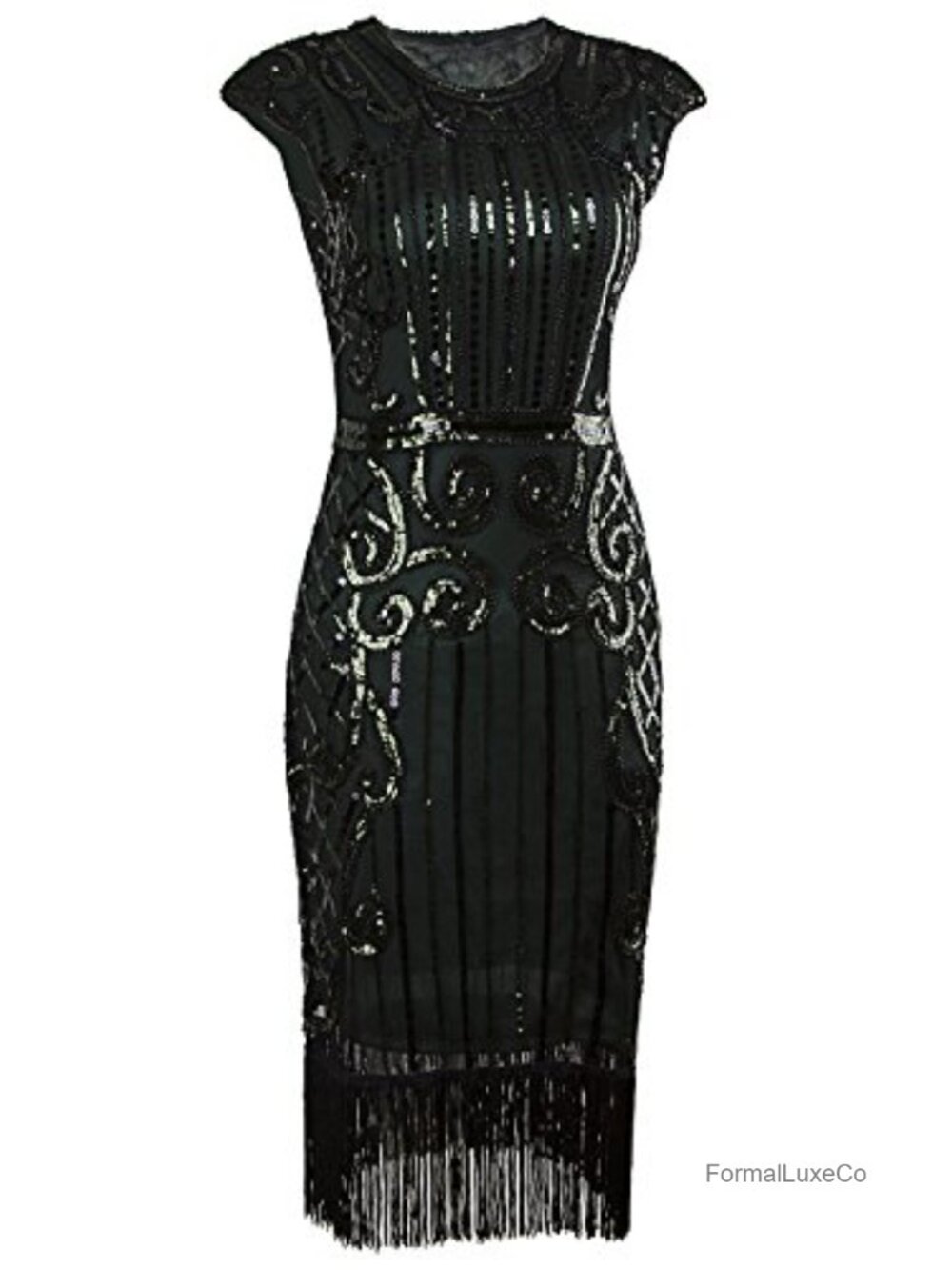 1920s Vintage Sequin Fringe Flapper Dress Gatsby Tea Length